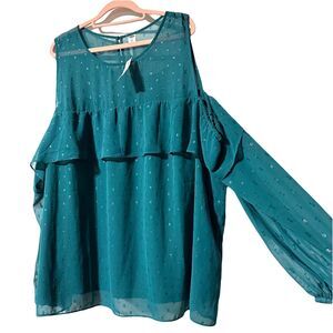 OLD NAVY Size XXL Textured Chiffon Sheer Cold Shoulder Blouse Teal Blue Top NWT